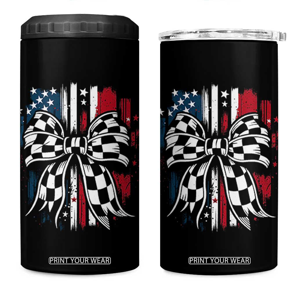 Patriotic Coquette Bow Checkered Flag Race Car Racing 4 in 1 Can Cooler Tumbler TS14 One Size: 16 oz Black Print Your Wear