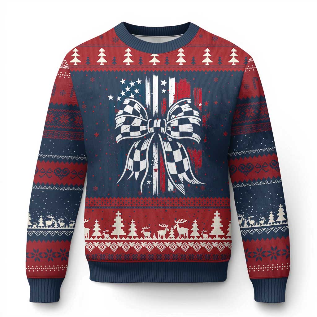 Patriotic Coquette Bow Checkered Flag Race Car Racing Ugly Christmas Sweater TS14 Navy Red Print Your Wear