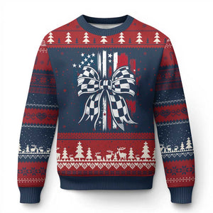 Patriotic Coquette Bow Checkered Flag Race Car Racing Ugly Christmas Sweater TS14 Navy Red Print Your Wear