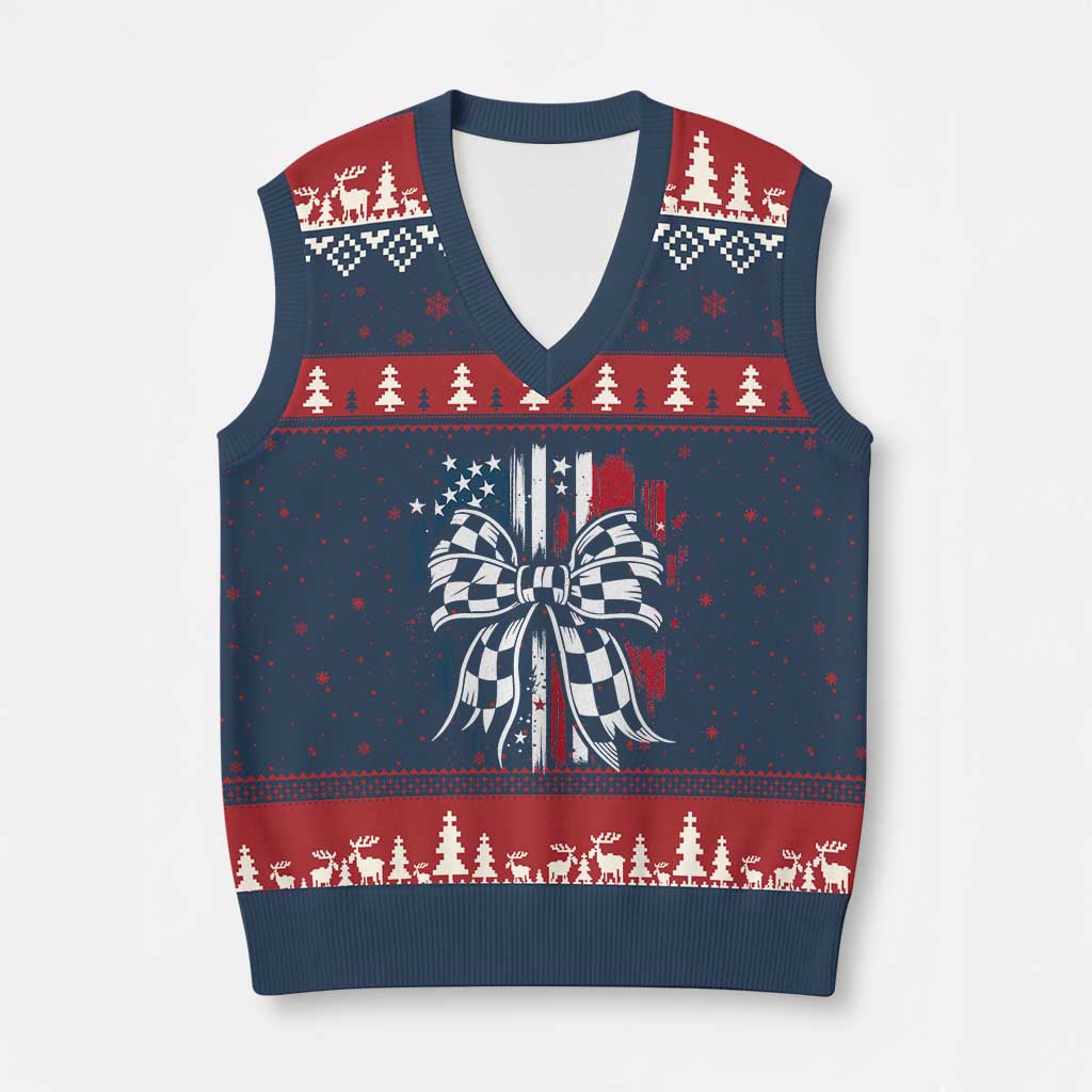 Patriotic Coquette Bow Checkered Flag Race Car Racing V-Neck Knit Sweater Vest TS14 Navy Red Print Your Wear