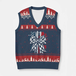 Patriotic Coquette Bow Checkered Flag Race Car Racing V-Neck Knit Sweater Vest TS14 Navy Red Print Your Wear
