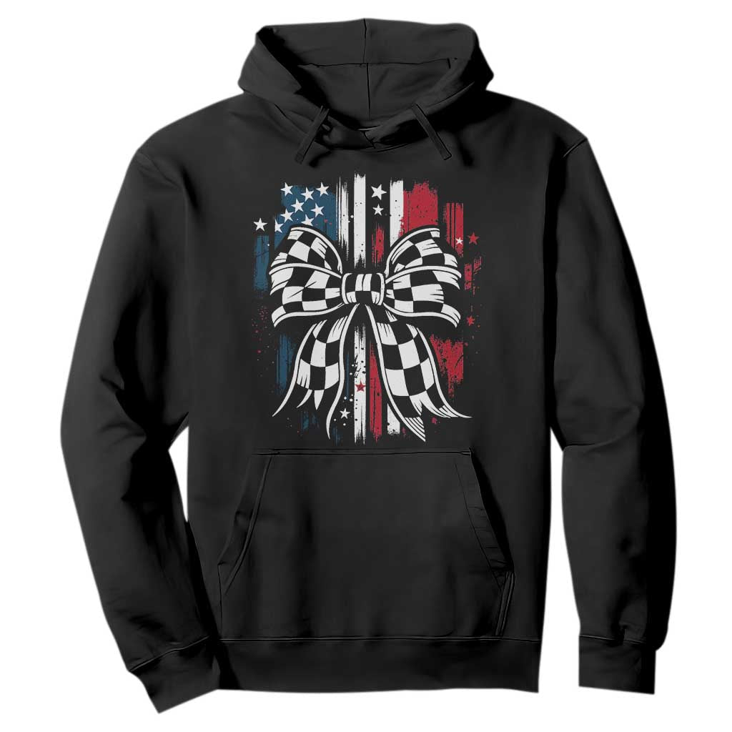 Patriotic Coquette Bow Checkered Flag Race Car Racing Hoodie TS14 Black Print Your Wear