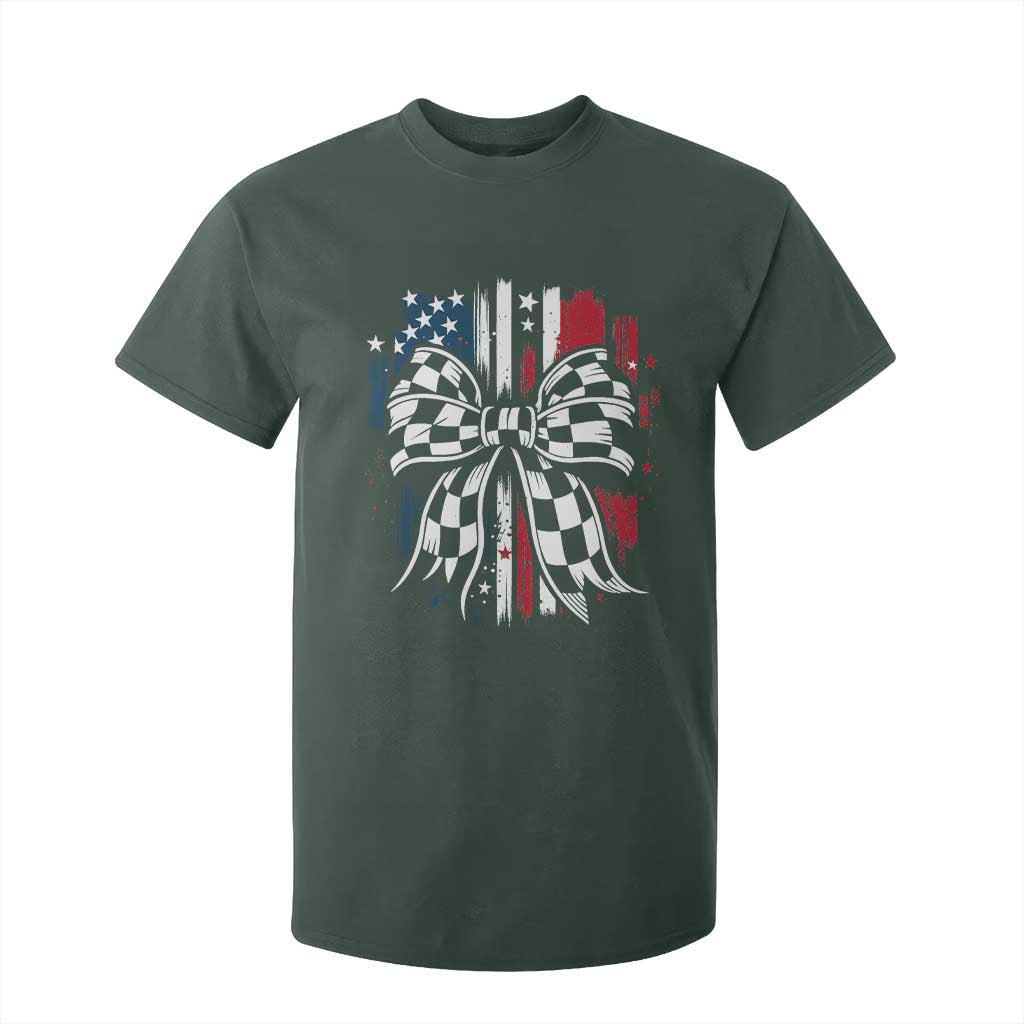 Patriotic Coquette Bow Checkered Flag Race Car Racing T Shirt For Kid TS14 Dark Forest Green Print Your Wear