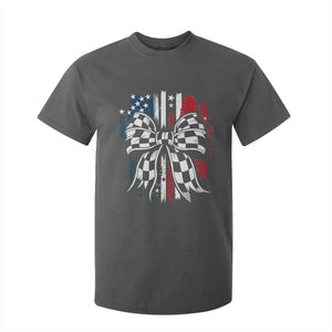 Patriotic Coquette Bow Checkered Flag Race Car Racing T Shirt For Kid TS14 Dark Heather Print Your Wear