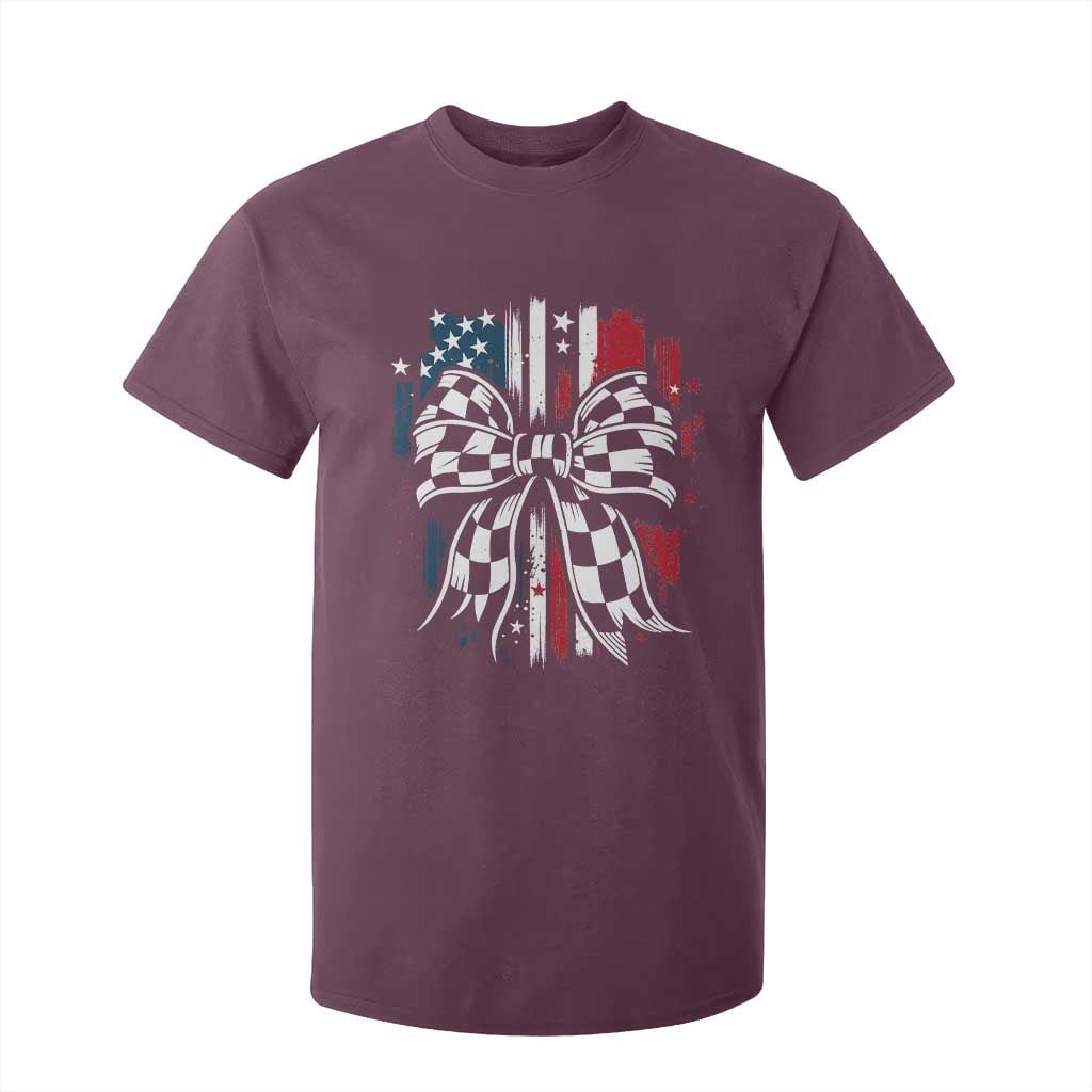 Patriotic Coquette Bow Checkered Flag Race Car Racing T Shirt For Kid TS14 Maroon Print Your Wear