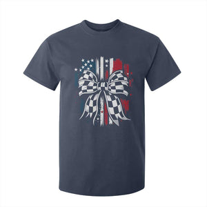Patriotic Coquette Bow Checkered Flag Race Car Racing T Shirt For Kid TS14 Navy Print Your Wear