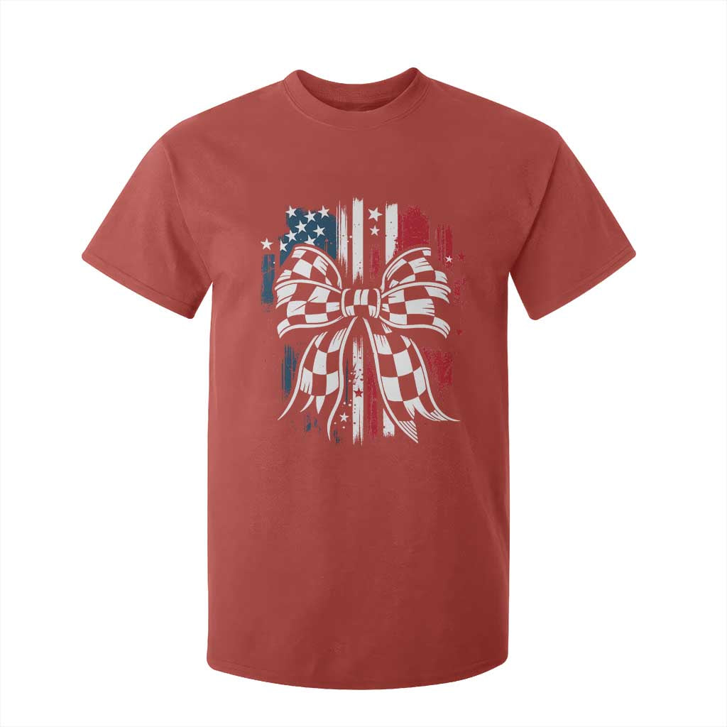 Patriotic Coquette Bow Checkered Flag Race Car Racing T Shirt For Kid TS14 Red Print Your Wear
