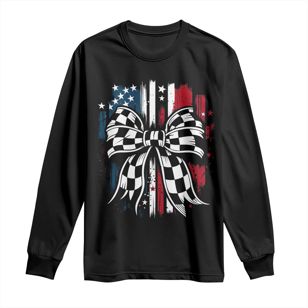 Patriotic Coquette Bow Checkered Flag Race Car Racing Long Sleeve Shirt TS14 Black Print Your Wear