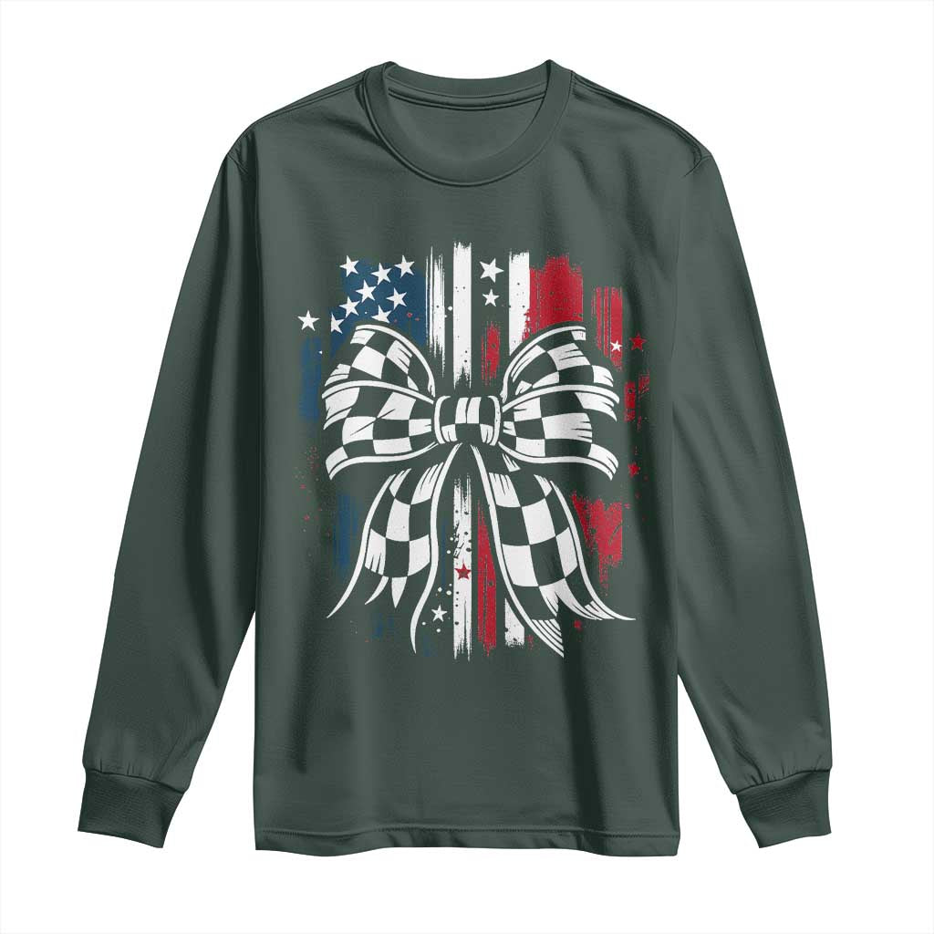 Patriotic Coquette Bow Checkered Flag Race Car Racing Long Sleeve Shirt TS14 Dark Forest Green Print Your Wear