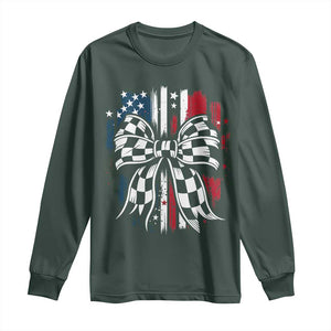 Patriotic Coquette Bow Checkered Flag Race Car Racing Long Sleeve Shirt TS14 Dark Forest Green Print Your Wear