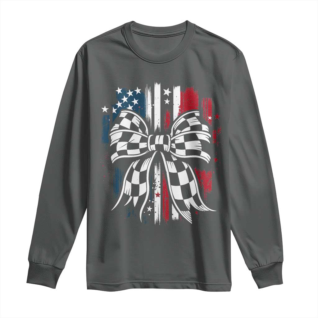 Patriotic Coquette Bow Checkered Flag Race Car Racing Long Sleeve Shirt TS14 Dark Heather Print Your Wear