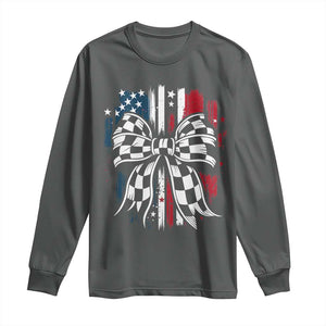 Patriotic Coquette Bow Checkered Flag Race Car Racing Long Sleeve Shirt TS14 Dark Heather Print Your Wear
