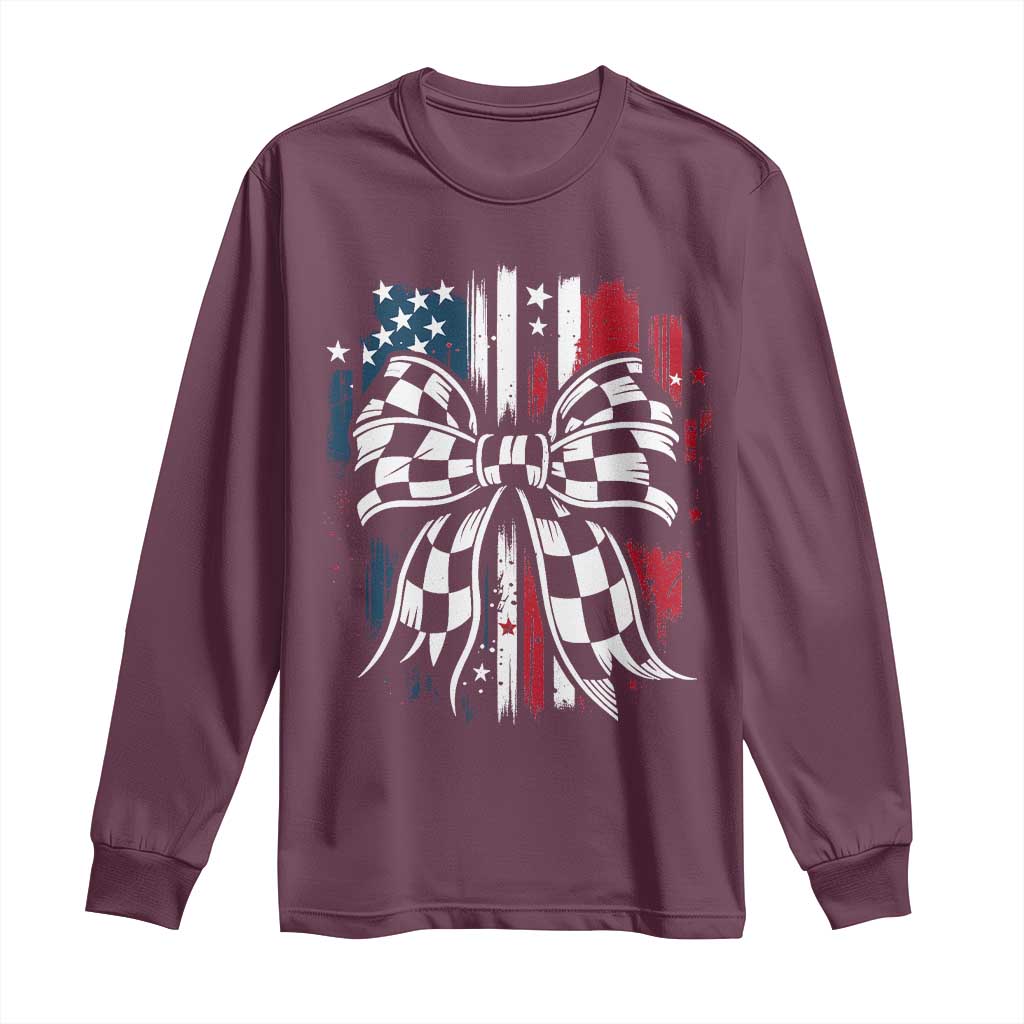 Patriotic Coquette Bow Checkered Flag Race Car Racing Long Sleeve Shirt TS14 Maroon Print Your Wear