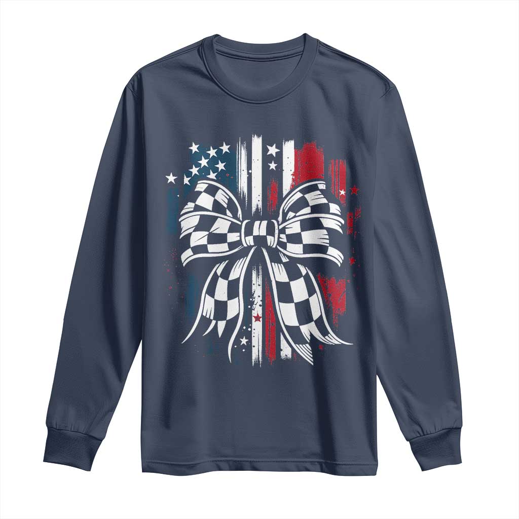 Patriotic Coquette Bow Checkered Flag Race Car Racing Long Sleeve Shirt TS14 Navy Print Your Wear