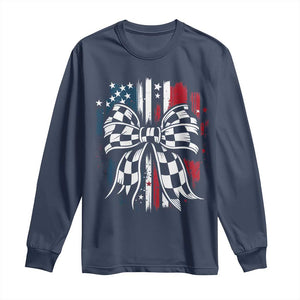 Patriotic Coquette Bow Checkered Flag Race Car Racing Long Sleeve Shirt TS14 Navy Print Your Wear