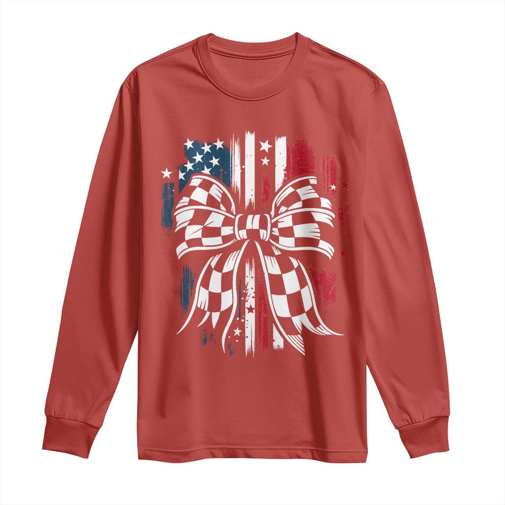 Patriotic Coquette Bow Checkered Flag Race Car Racing Long Sleeve Shirt TS14 Red Print Your Wear
