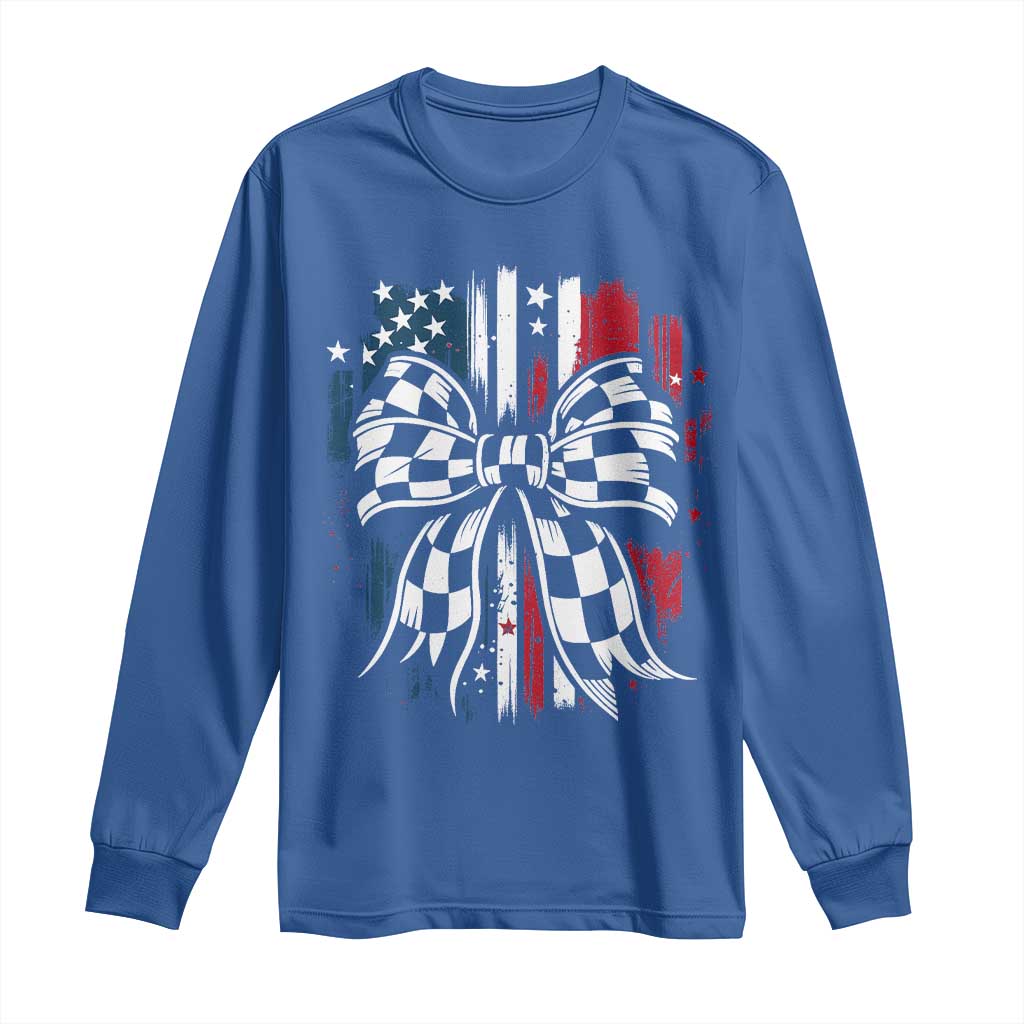 Patriotic Coquette Bow Checkered Flag Race Car Racing Long Sleeve Shirt TS14 Royal Blue Print Your Wear