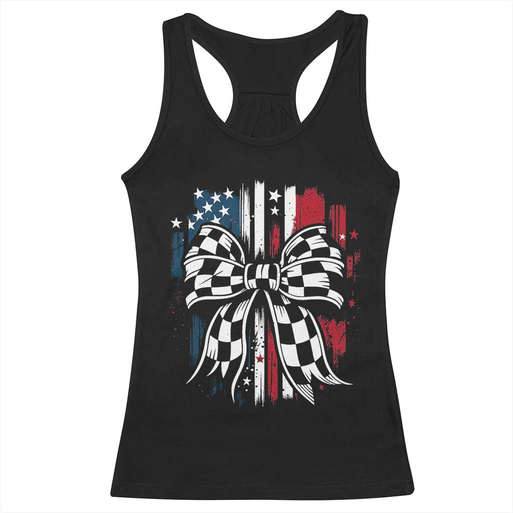 Patriotic Coquette Bow Checkered Flag Race Car Racing Racerback Tank Top TS14 Black Print Your Wear