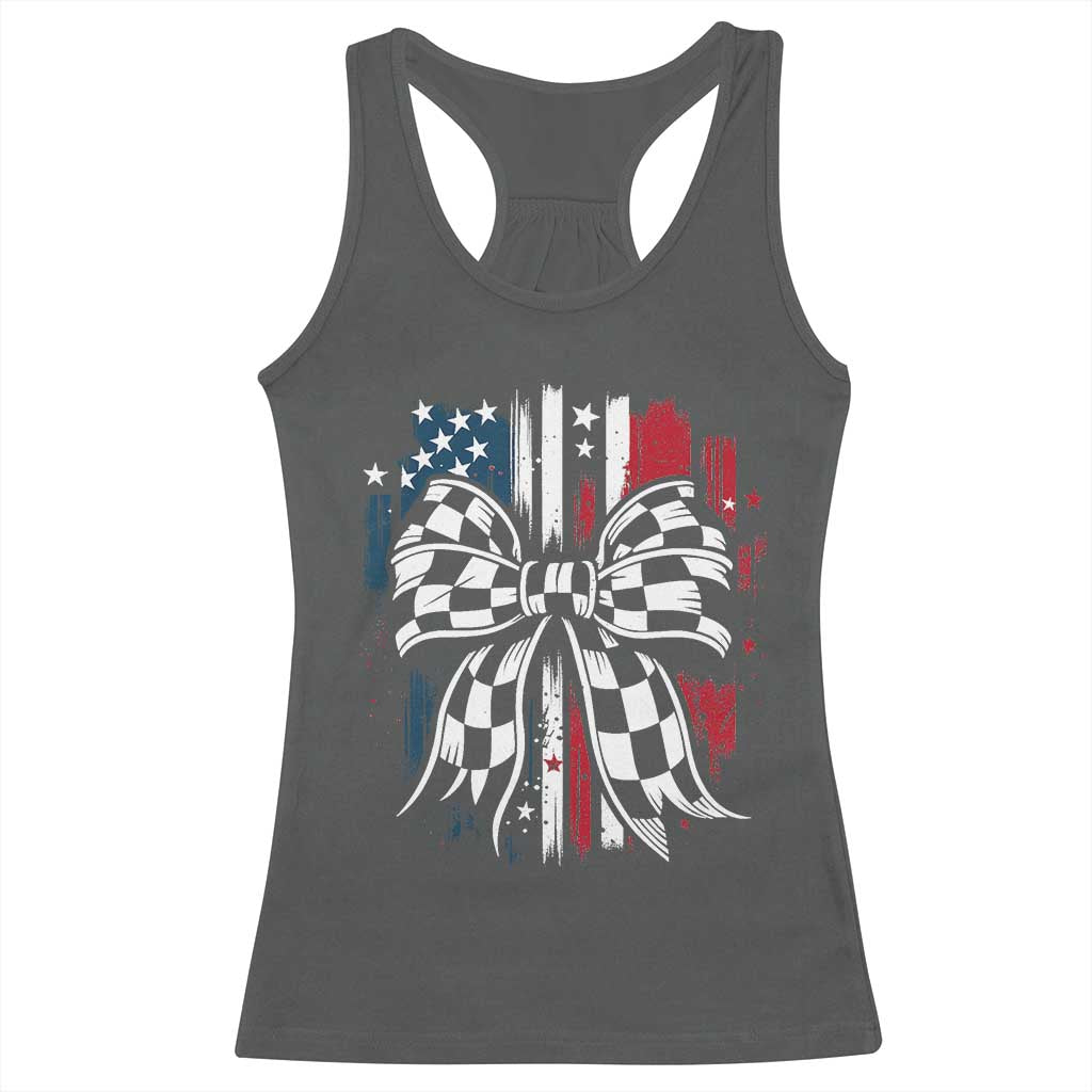 Patriotic Coquette Bow Checkered Flag Race Car Racing Racerback Tank Top TS14 Dark Heather Print Your Wear