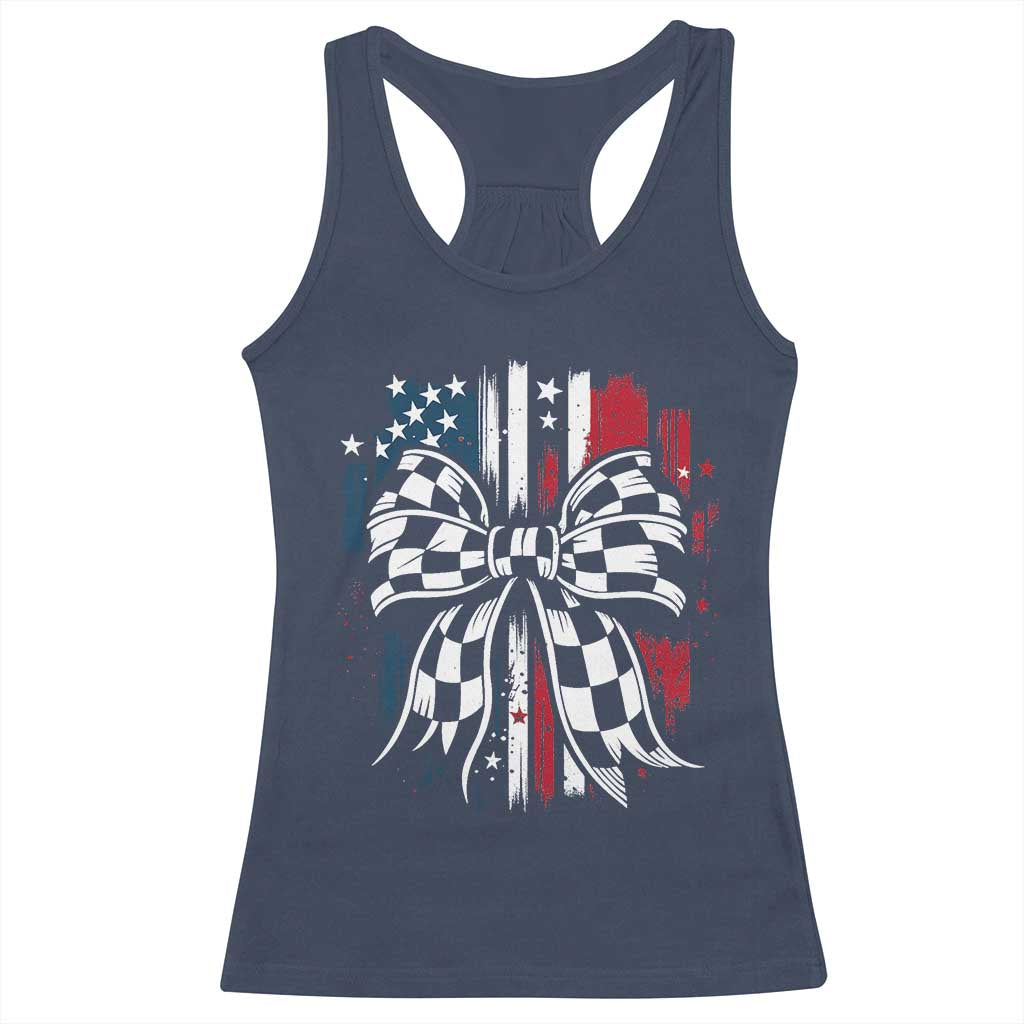 Patriotic Coquette Bow Checkered Flag Race Car Racing Racerback Tank Top TS14 Navy Print Your Wear