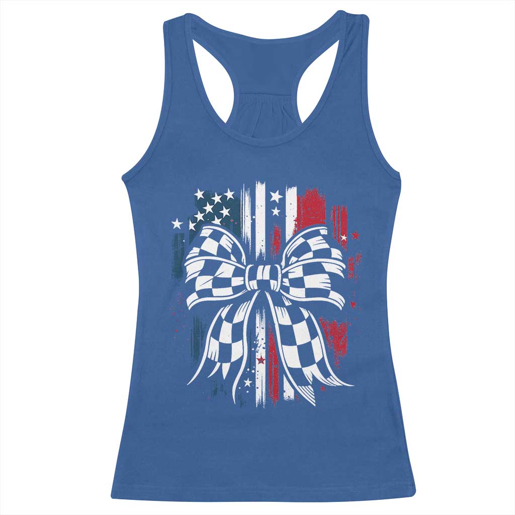 Patriotic Coquette Bow Checkered Flag Race Car Racing Racerback Tank Top TS14 Royal Blue Print Your Wear
