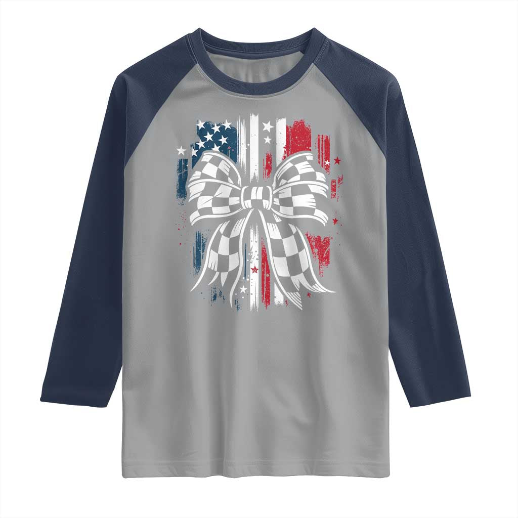 Patriotic Coquette Bow Checkered Flag Race Car Racing Raglan Shirt TS14 Sport Gray Navy Print Your Wear