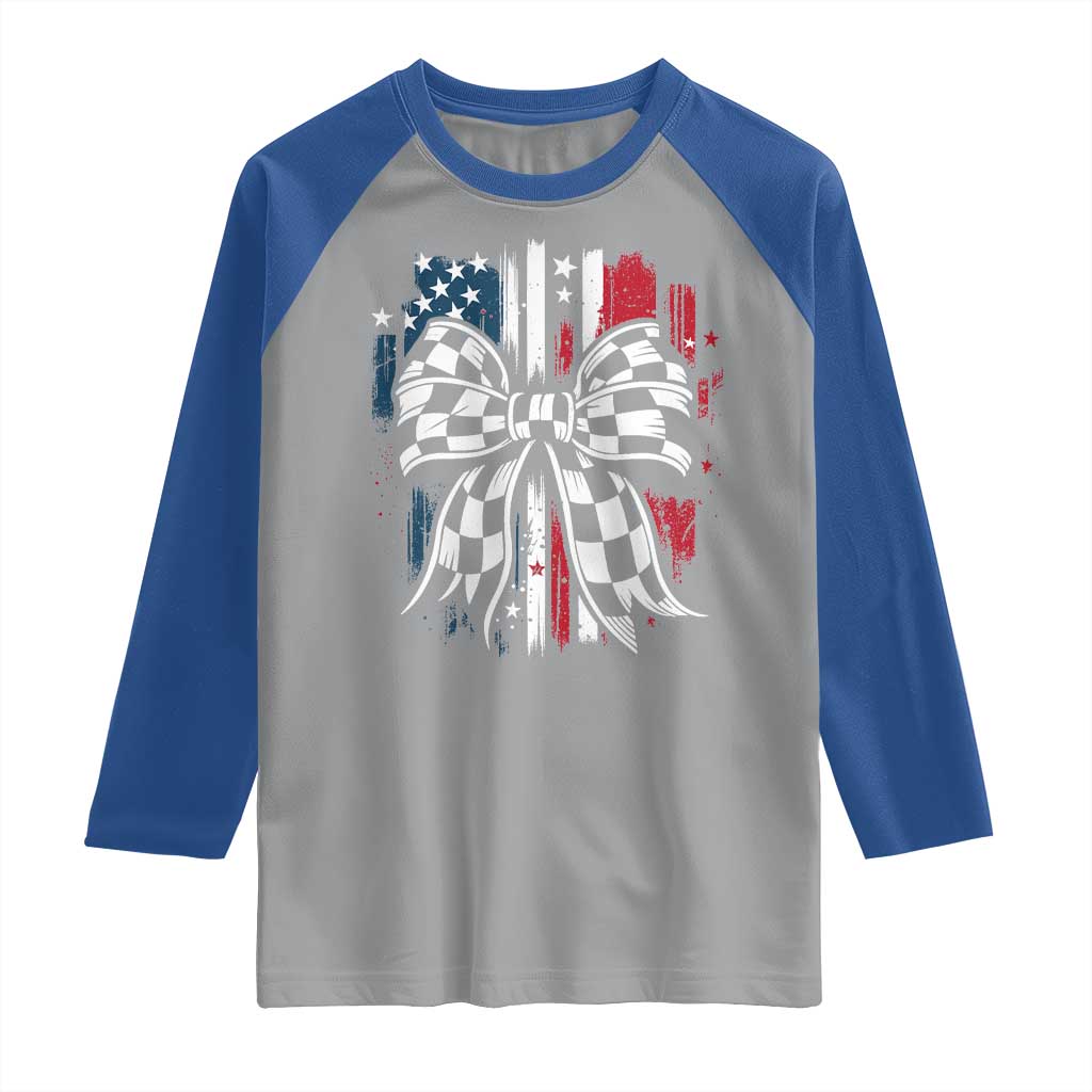 Patriotic Coquette Bow Checkered Flag Race Car Racing Raglan Shirt TS14 Sport Gray Royal Print Your Wear