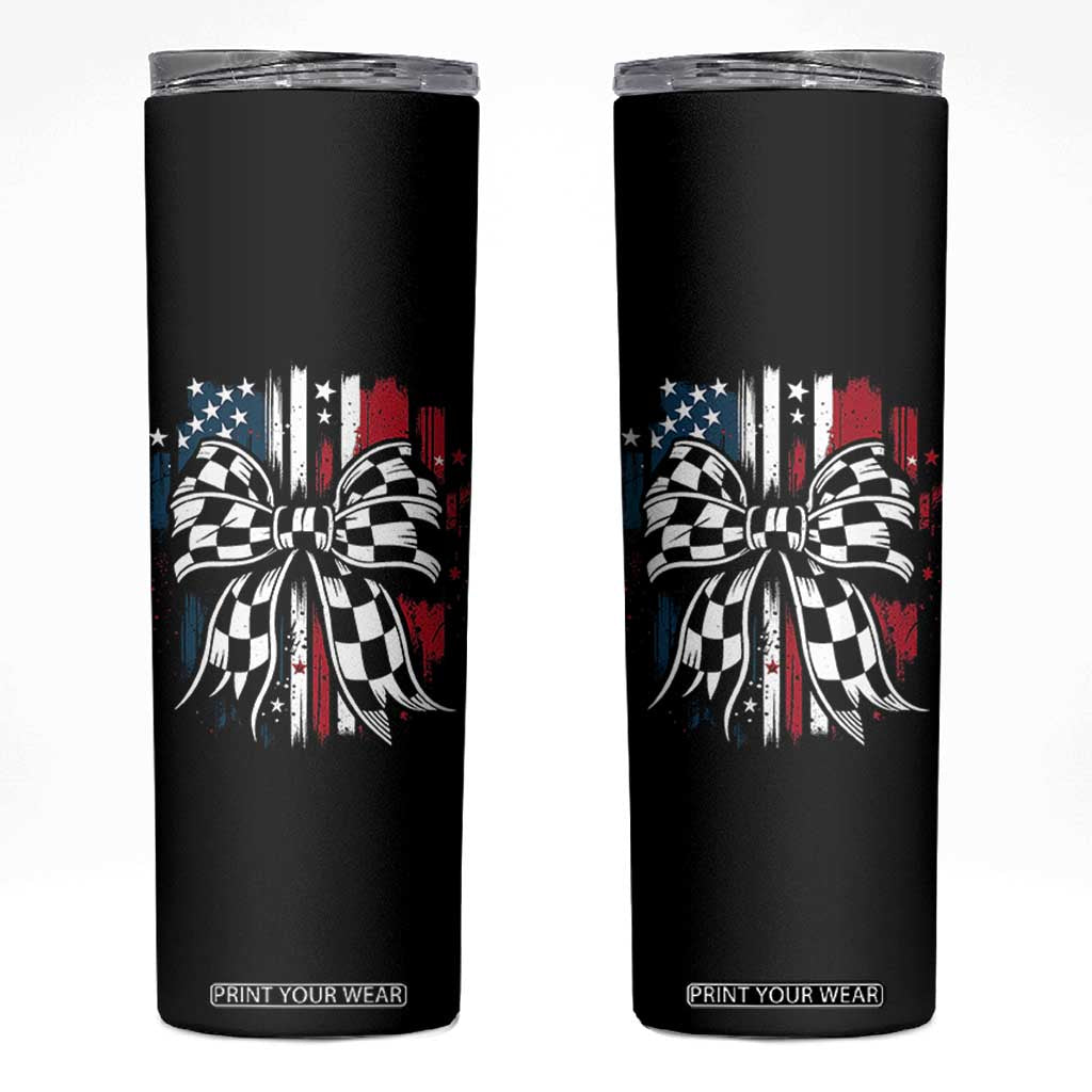 Patriotic Coquette Bow Checkered Flag Race Car Racing Skinny Tumbler TS14 Black Print Your Wear