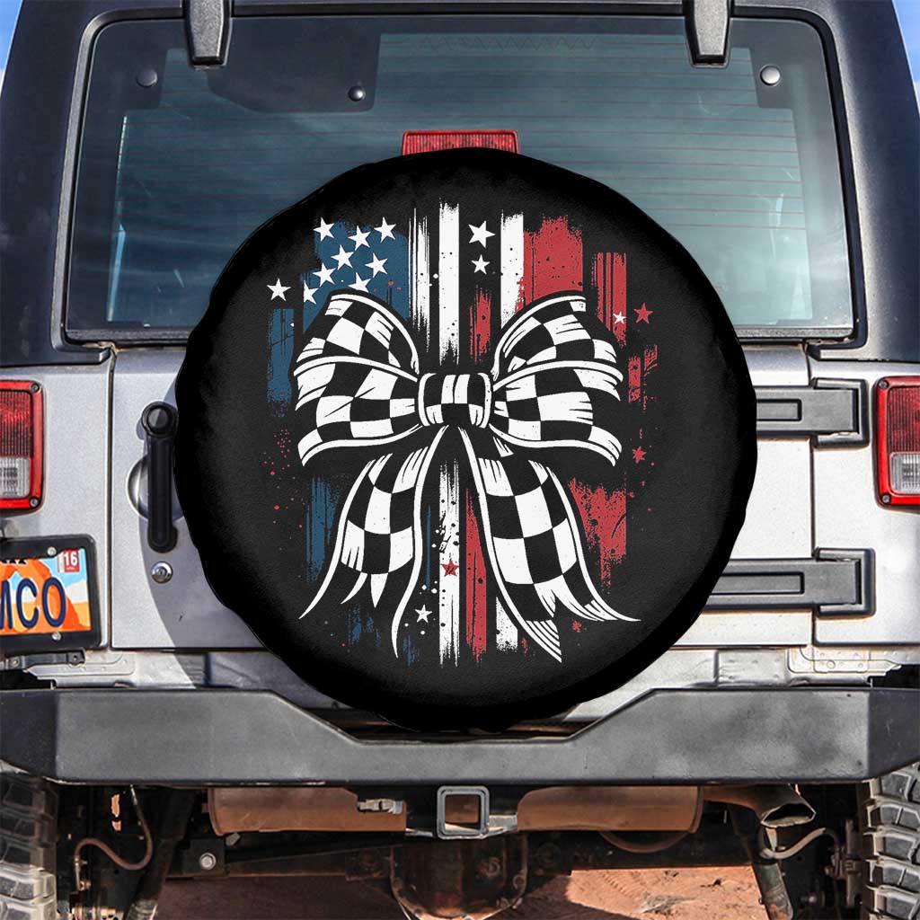 Patriotic Coquette Bow Checkered Flag Race Car Racing Spare Tire Cover TS14 No hole Black Print Your Wear