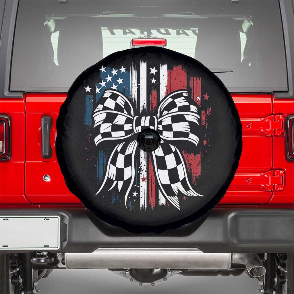 Patriotic Coquette Bow Checkered Flag Race Car Racing Spare Tire Cover TS14 Black Print Your Wear