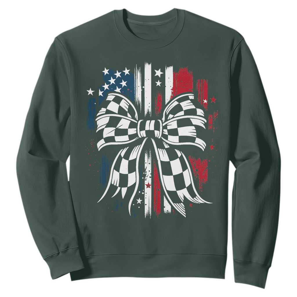 Patriotic Coquette Bow Checkered Flag Race Car Racing Sweatshirt TS14 Dark Forest Green Print Your Wear
