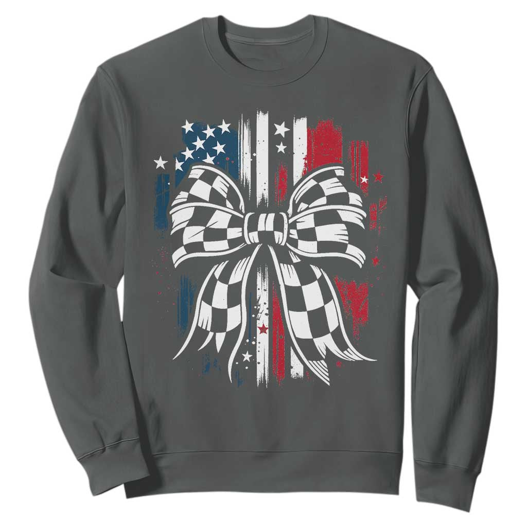 Patriotic Coquette Bow Checkered Flag Race Car Racing Sweatshirt TS14 Dark Heather Print Your Wear