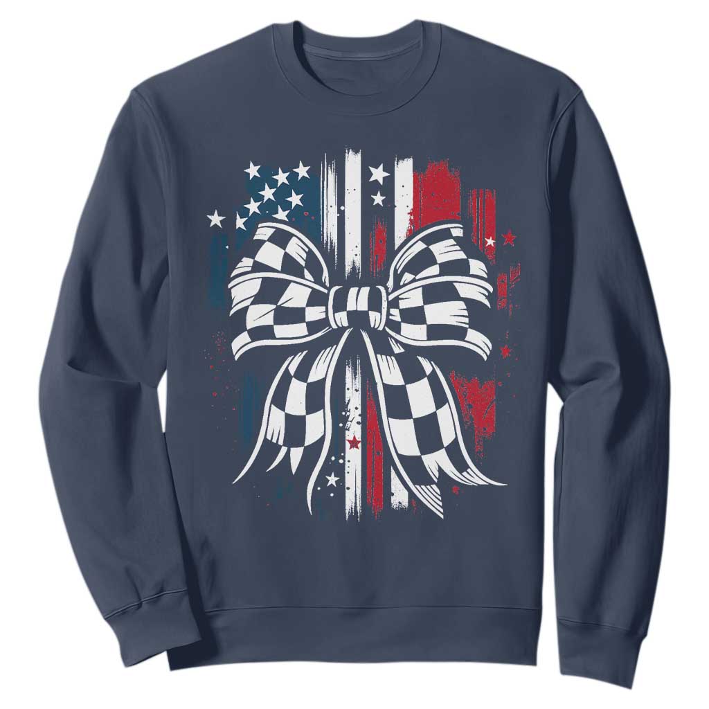 Patriotic Coquette Bow Checkered Flag Race Car Racing Sweatshirt TS14 Navy Print Your Wear