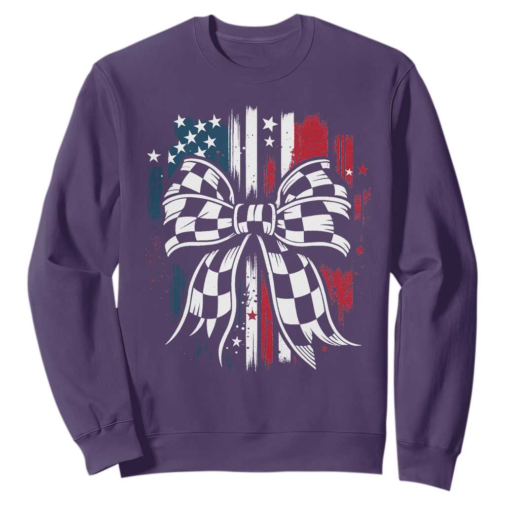 Patriotic Coquette Bow Checkered Flag Race Car Racing Sweatshirt TS14 Purple Print Your Wear