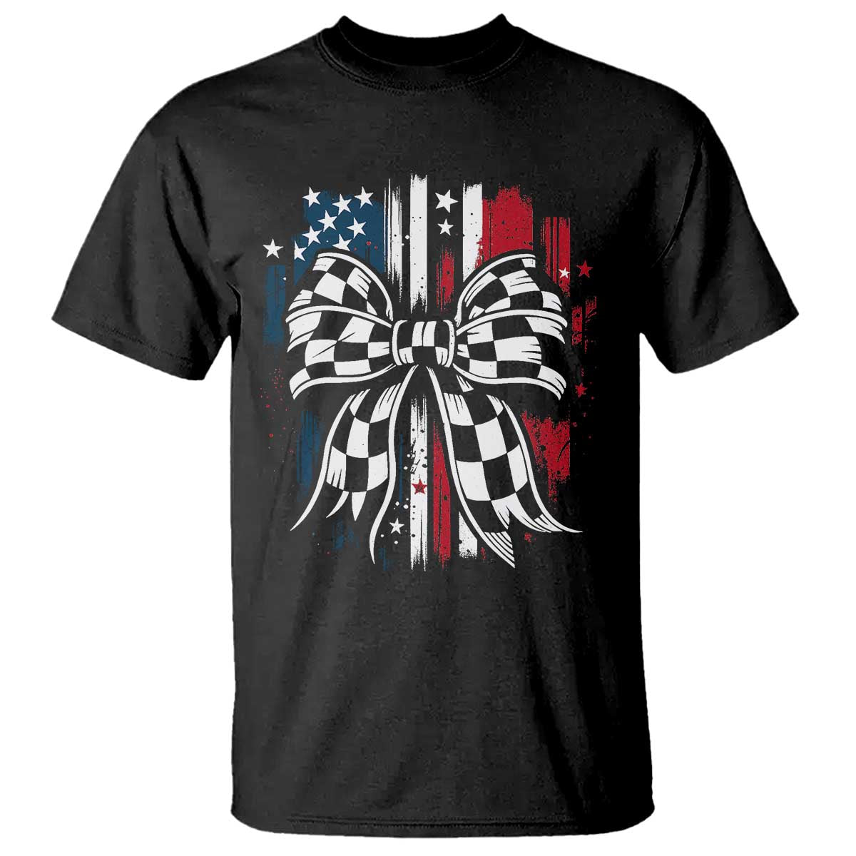 Patriotic Coquette Bow Checkered Flag Race Car Racing T Shirt TS14 Black Print Your Wear