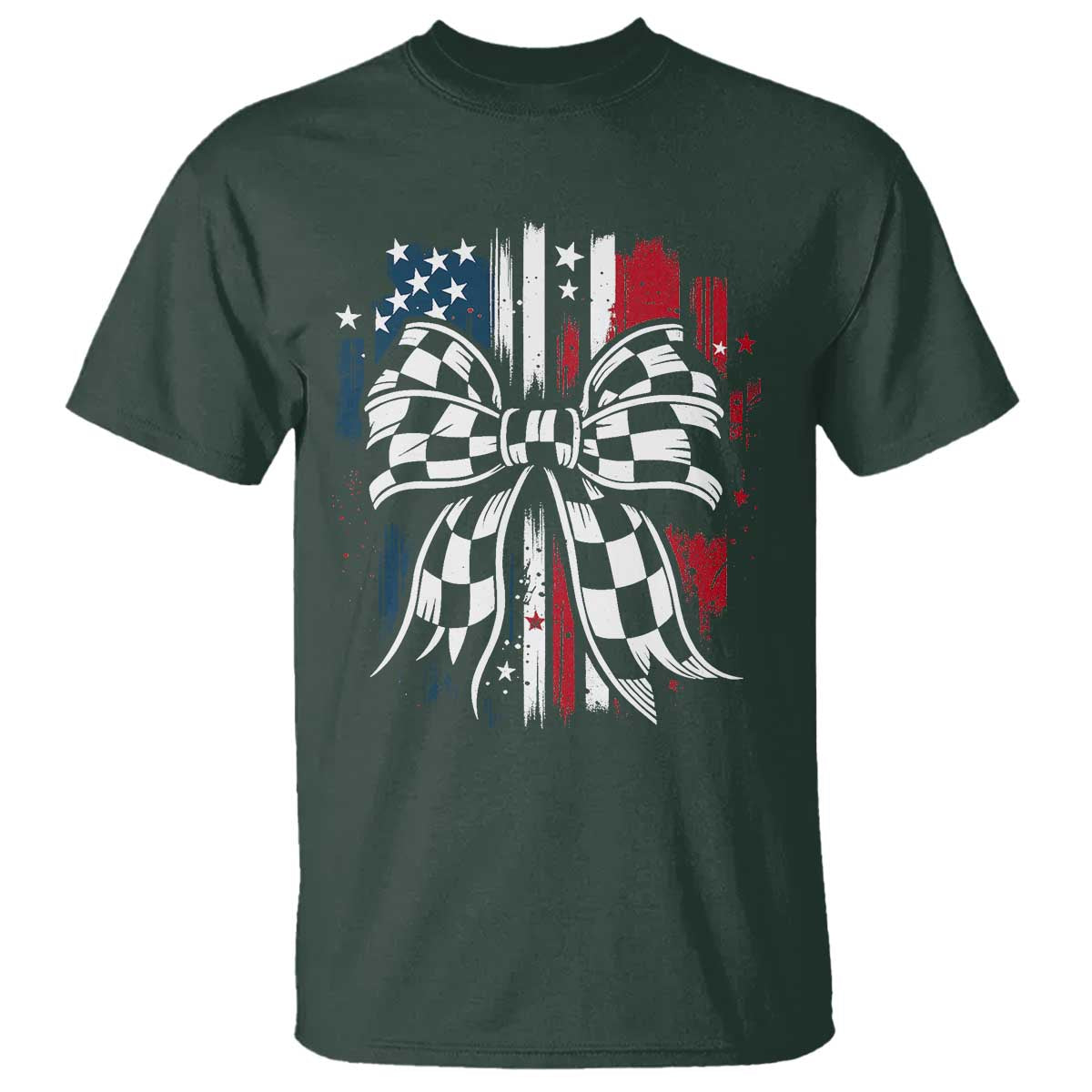 Patriotic Coquette Bow Checkered Flag Race Car Racing T Shirt TS14 Dark Forest Green Print Your Wear