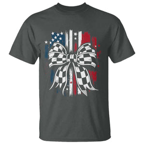 Patriotic Coquette Bow Checkered Flag Race Car Racing T Shirt TS14 Dark Heather Print Your Wear