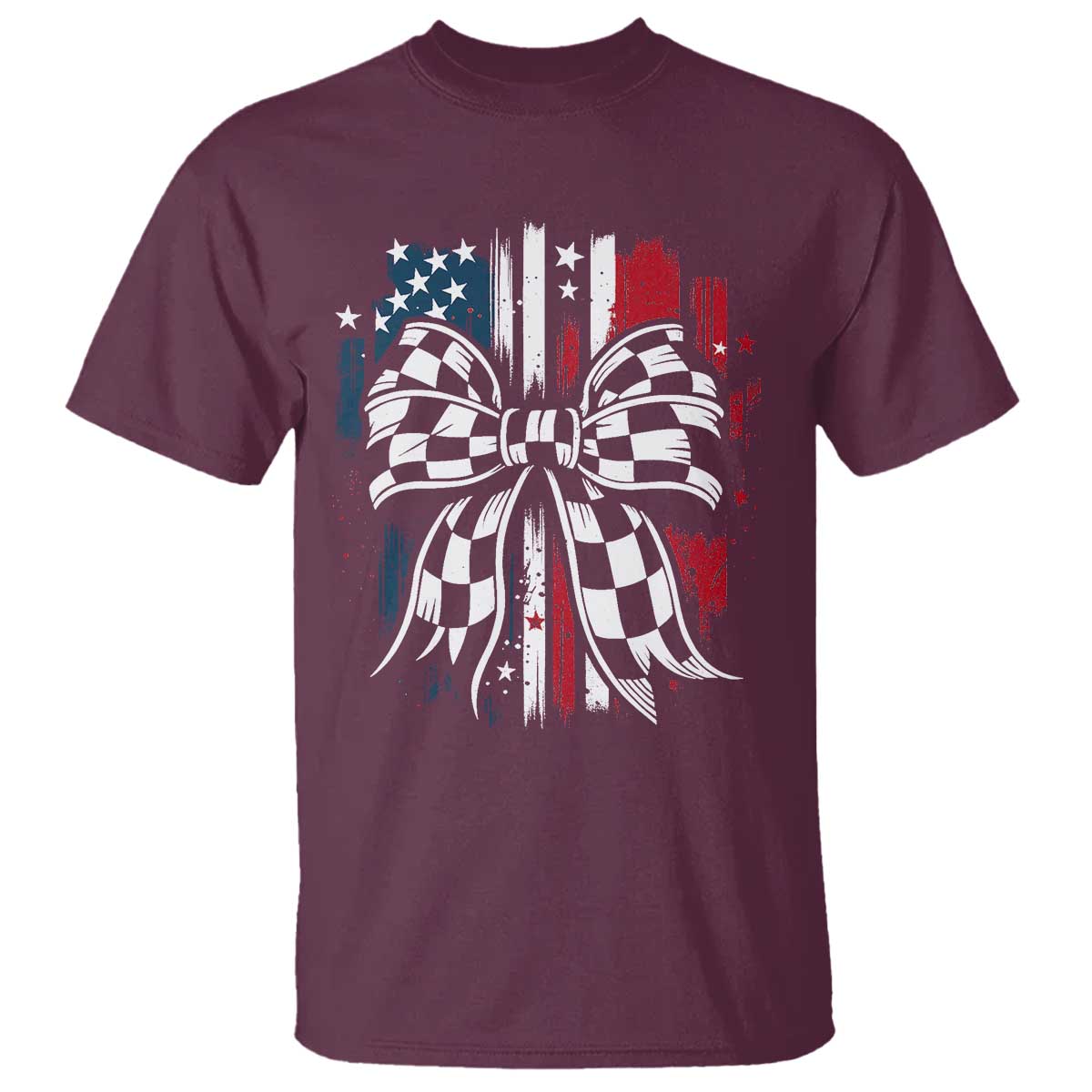 Patriotic Coquette Bow Checkered Flag Race Car Racing T Shirt TS14 Maroon Print Your Wear