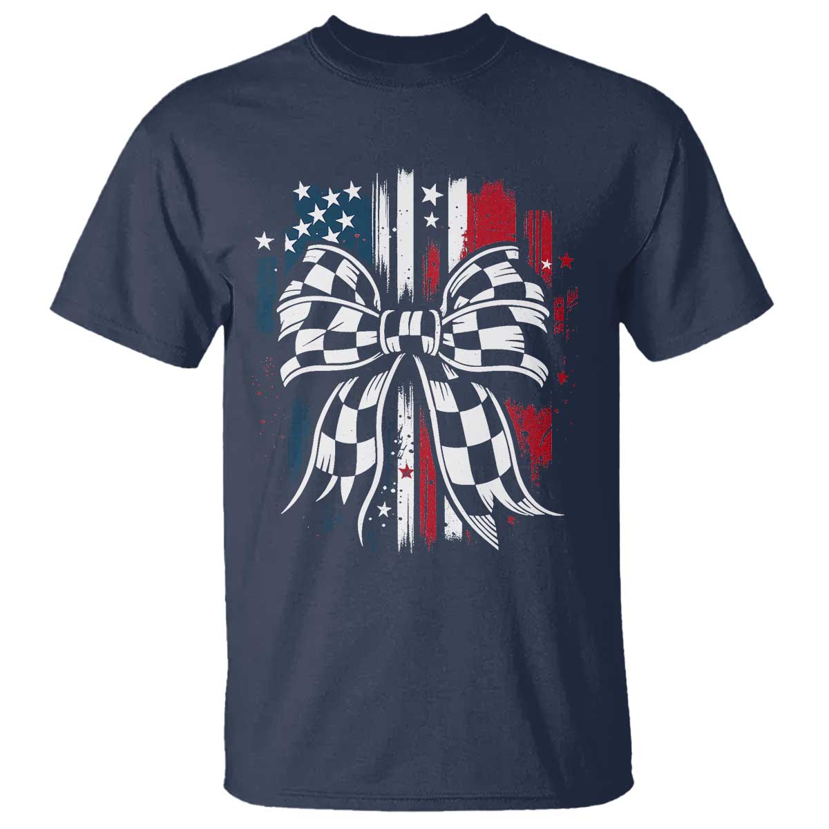 Patriotic Coquette Bow Checkered Flag Race Car Racing T Shirt TS14 Navy Print Your Wear