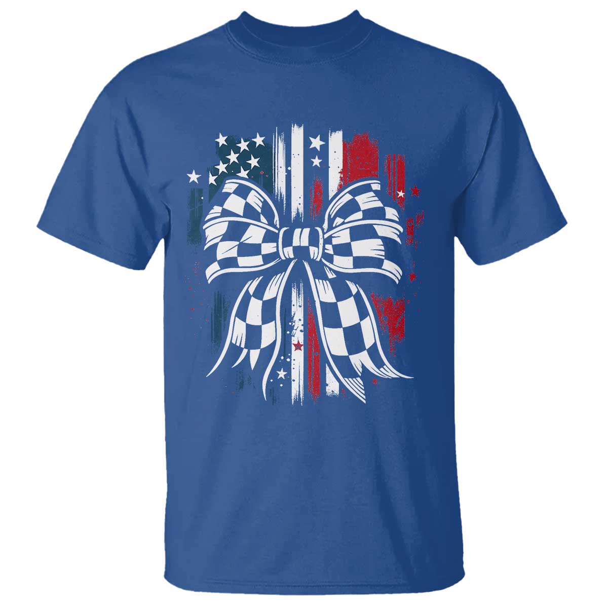 Patriotic Coquette Bow Checkered Flag Race Car Racing T Shirt TS14 Royal Blue Print Your Wear
