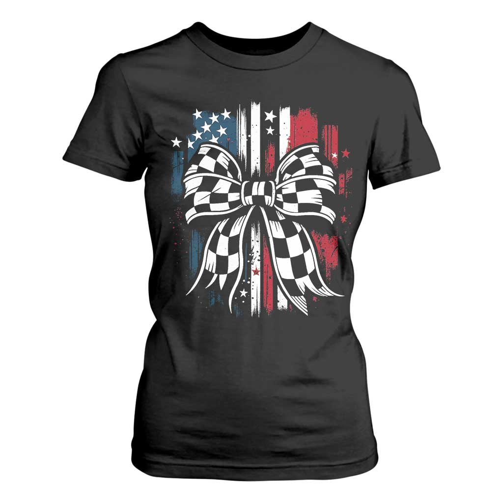 Patriotic Coquette Bow Checkered Flag Race Car Racing T Shirt For Women TS14 Black Print Your Wear