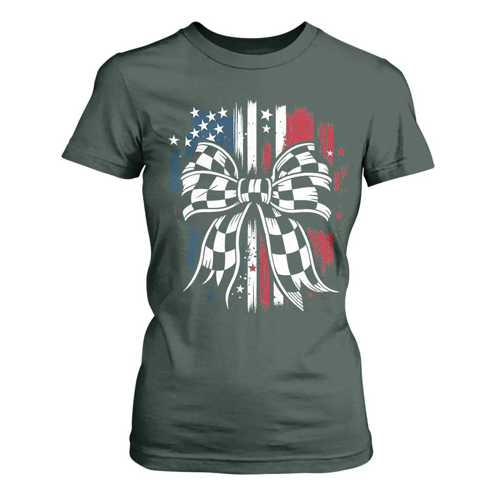 Patriotic Coquette Bow Checkered Flag Race Car Racing T Shirt For Women TS14 Dark Forest Green Print Your Wear