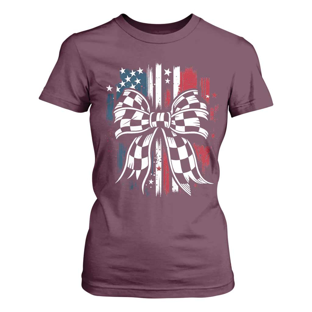 Patriotic Coquette Bow Checkered Flag Race Car Racing T Shirt For Women TS14 Maroon Print Your Wear