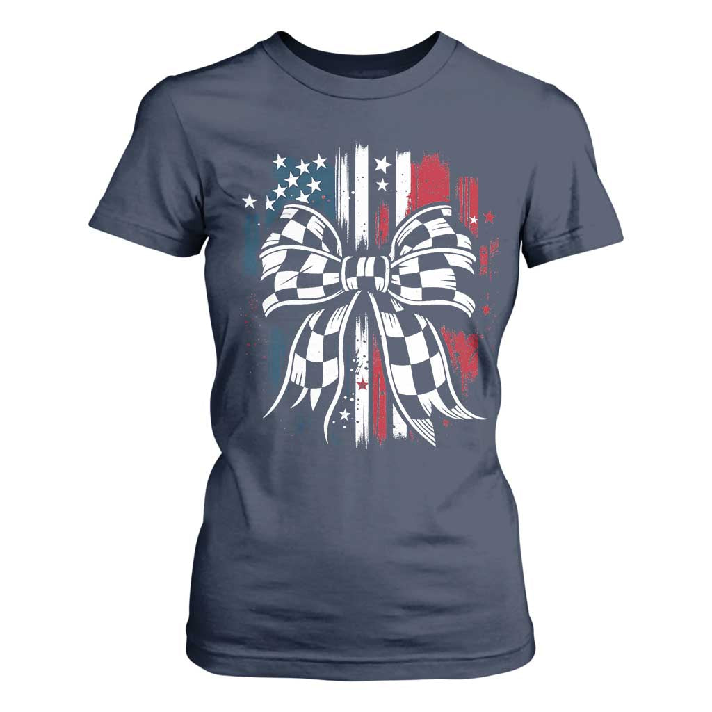Patriotic Coquette Bow Checkered Flag Race Car Racing T Shirt For Women TS14 Navy Print Your Wear