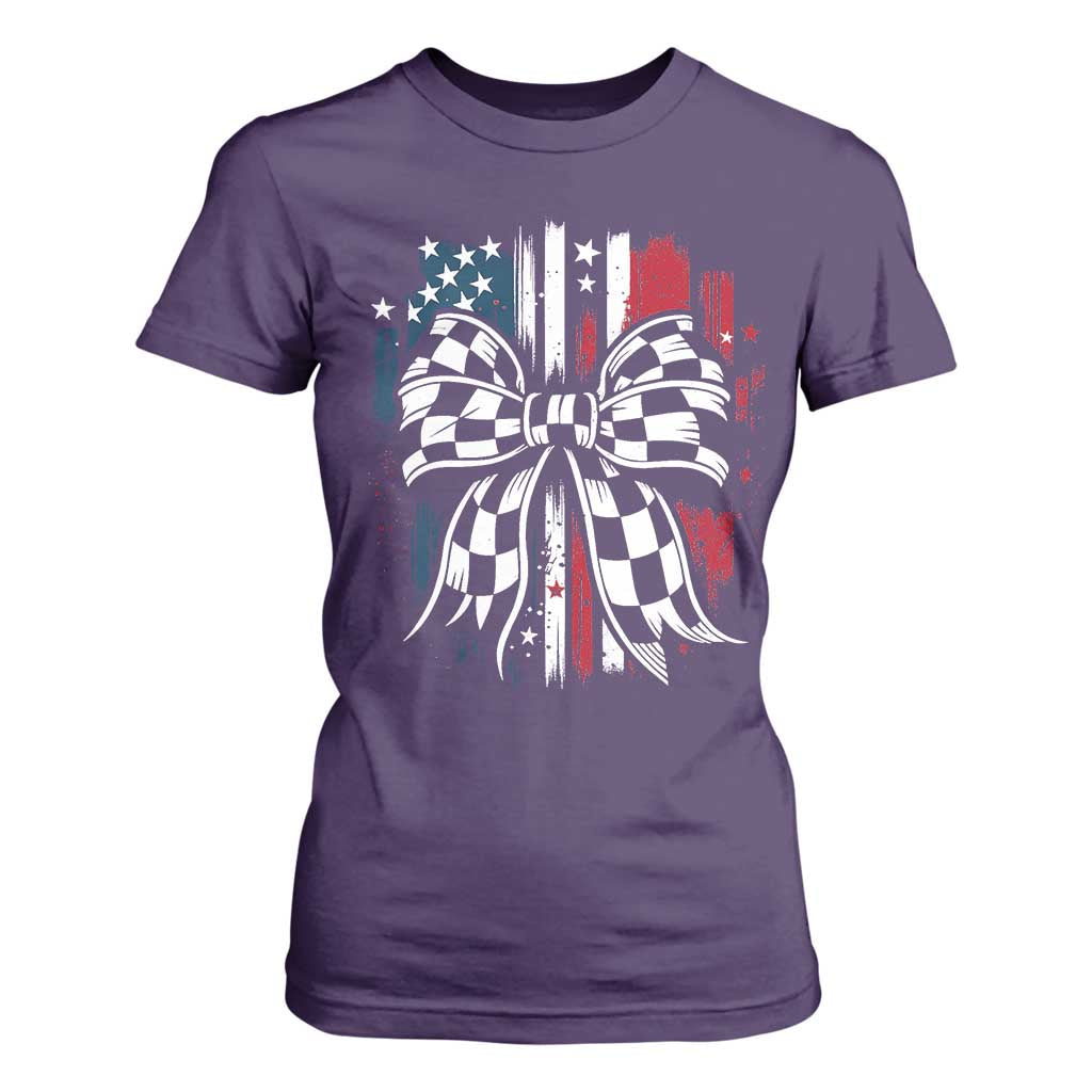 Patriotic Coquette Bow Checkered Flag Race Car Racing T Shirt For Women TS14 Purple Print Your Wear