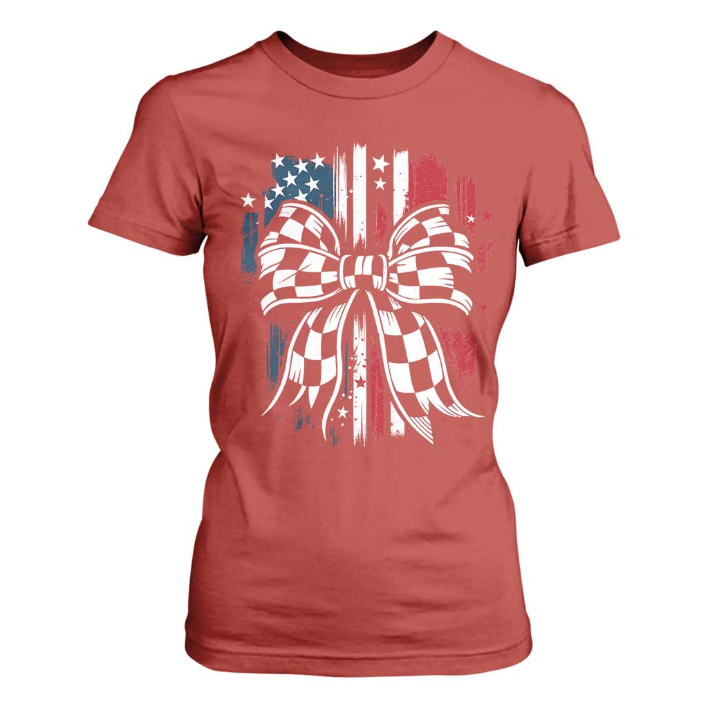 Patriotic Coquette Bow Checkered Flag Race Car Racing T Shirt For Women TS14 Red Print Your Wear