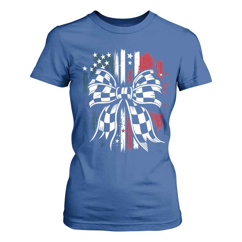 Patriotic Coquette Bow Checkered Flag Race Car Racing T Shirt For Women TS14 Royal Blue Print Your Wear