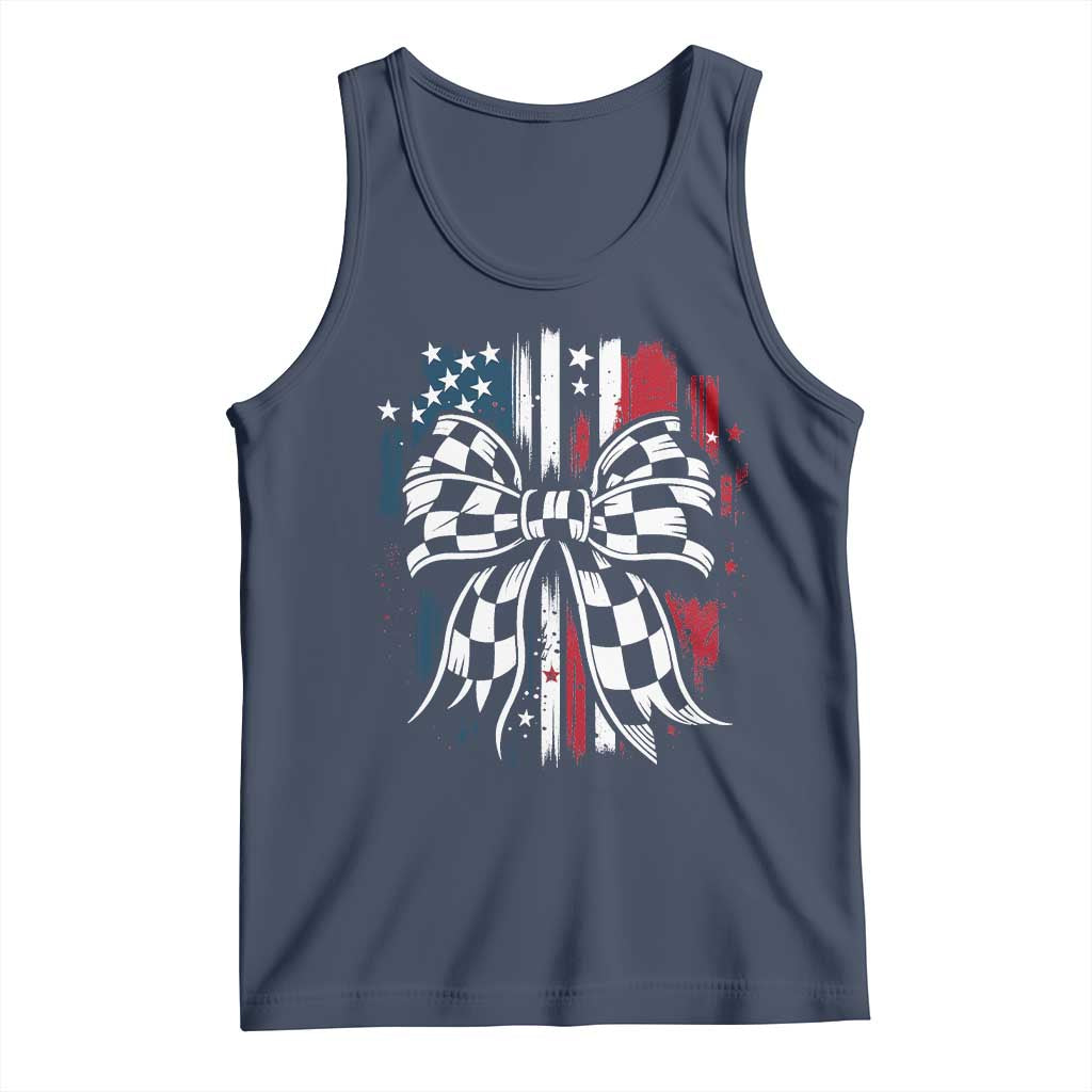 Patriotic Coquette Bow Checkered Flag Race Car Racing Tank Top TS14 Navy Print Your Wear