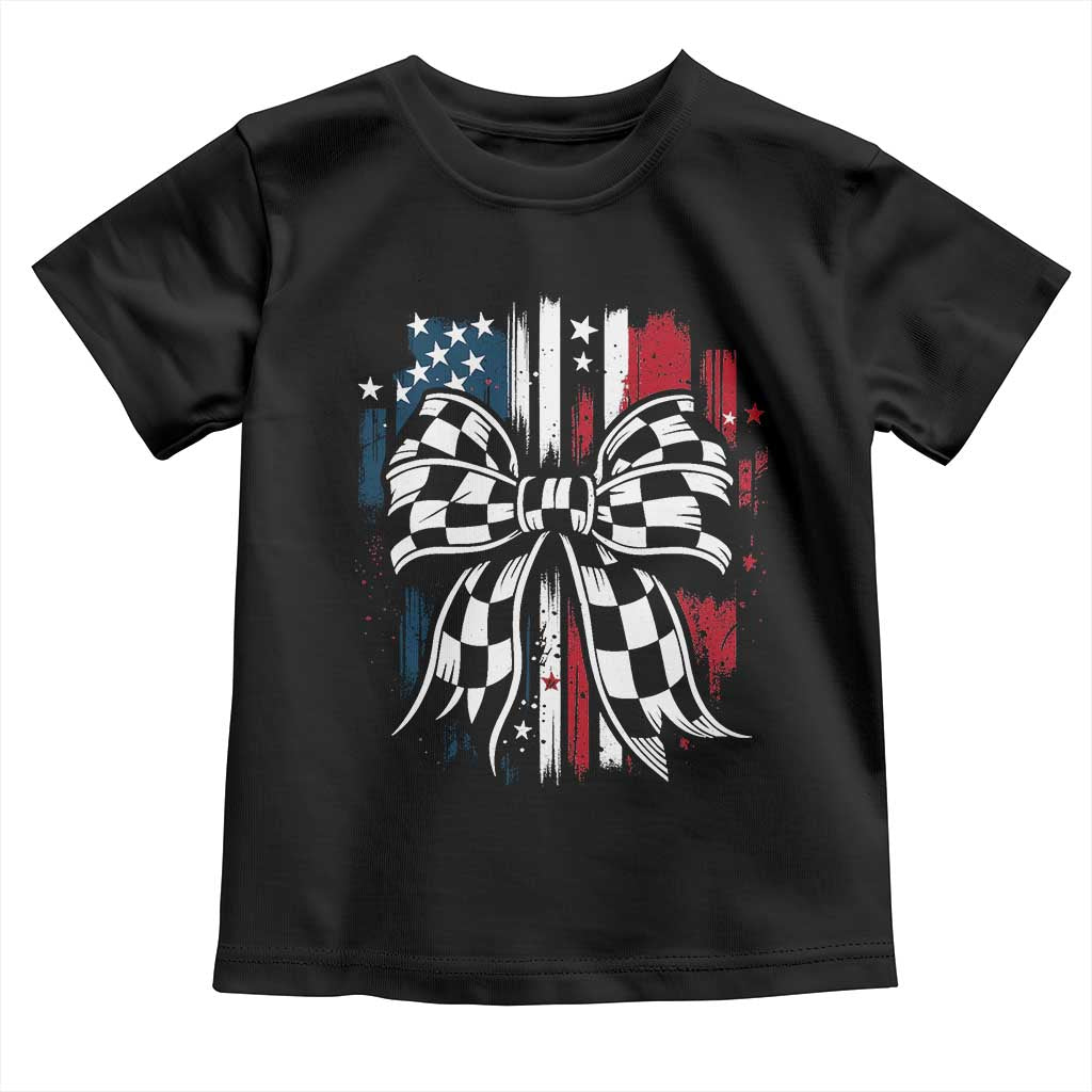 Patriotic Coquette Bow Checkered Flag Race Car Racing Toddler T Shirt TS14 Black Print Your Wear