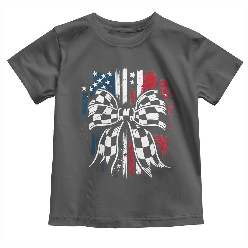 Patriotic Coquette Bow Checkered Flag Race Car Racing Toddler T Shirt TS14 Dark Heather Print Your Wear